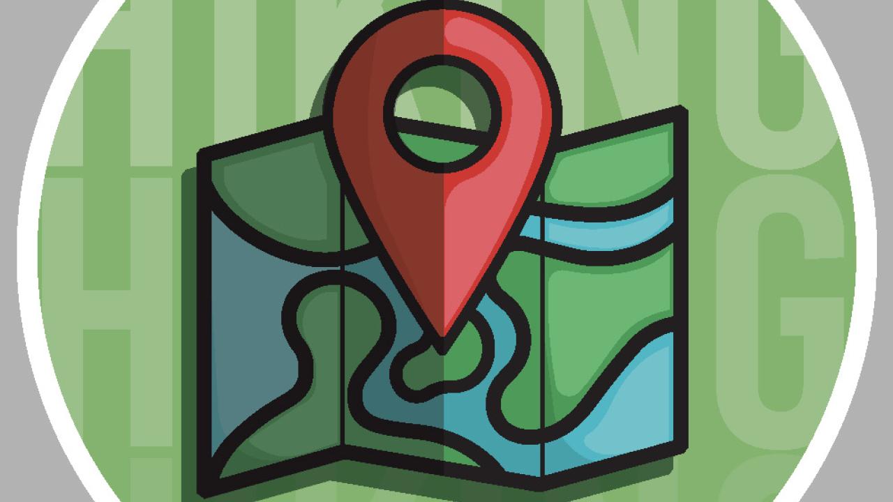 Topographic map with large, red location symbol in the center