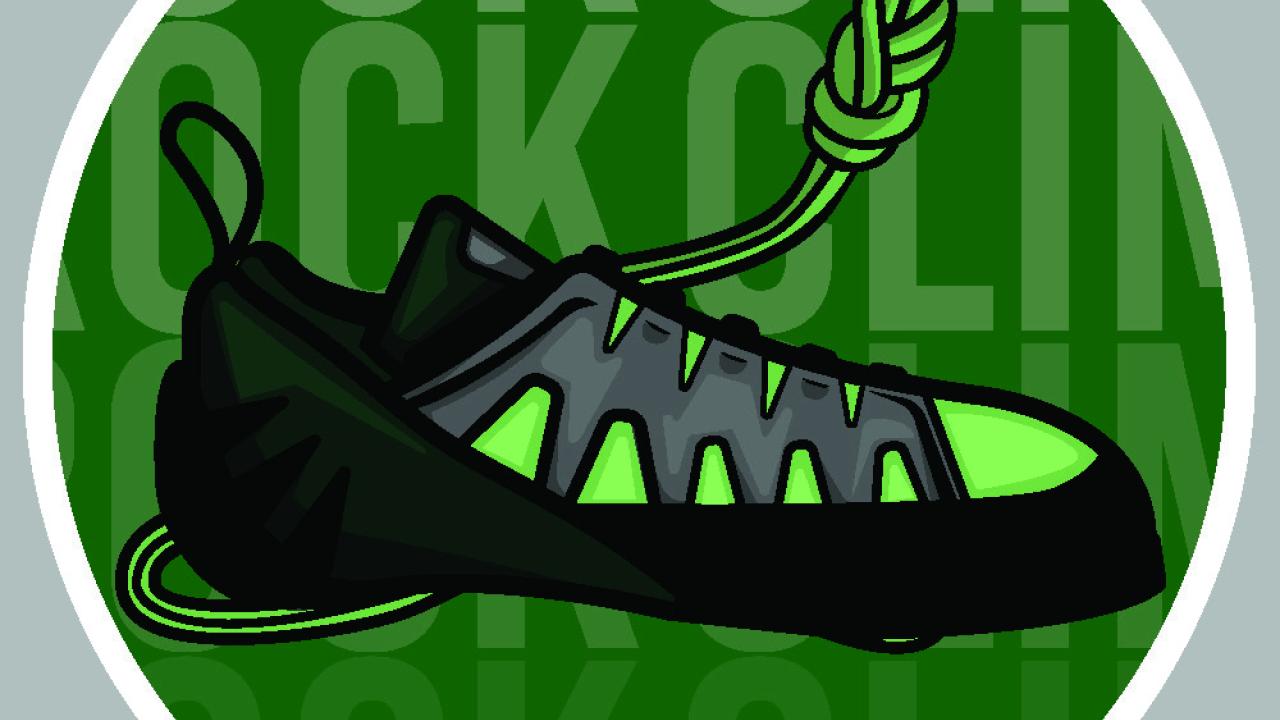 Black, greay and green climbing shoe in front of green climbing rope