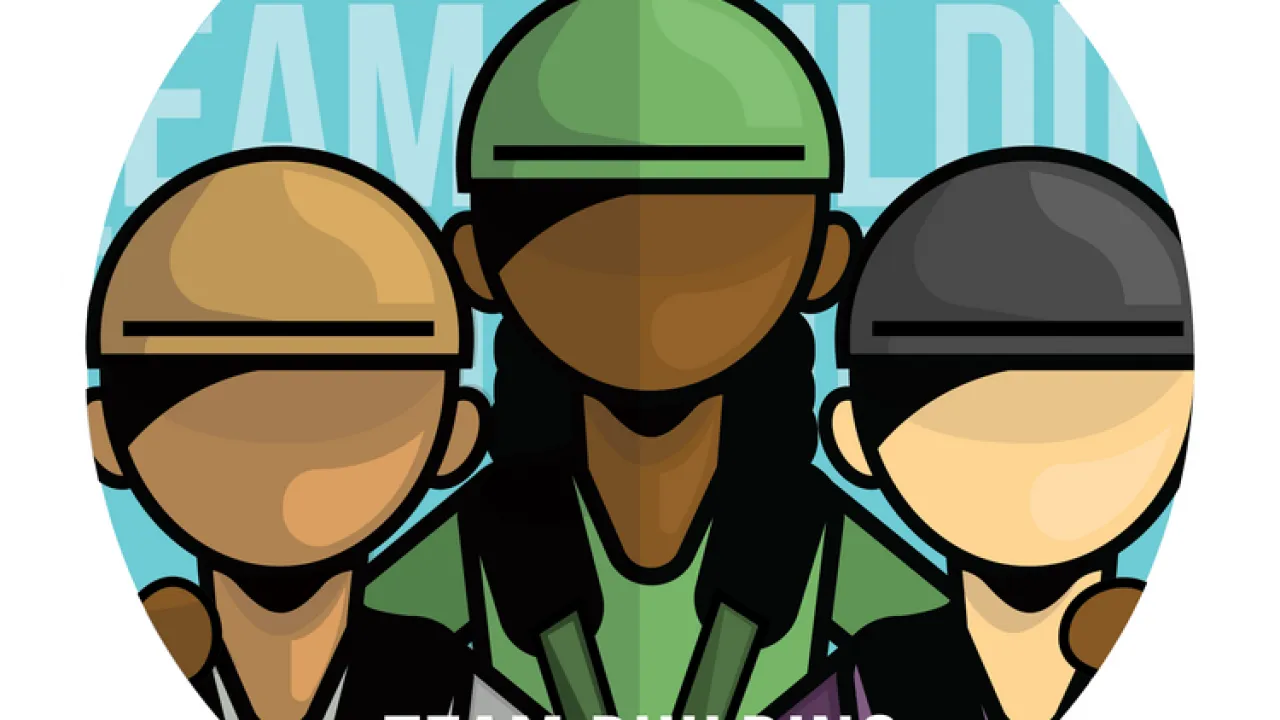 Cartoon image of three people wearing helmets and ropes course harnesses