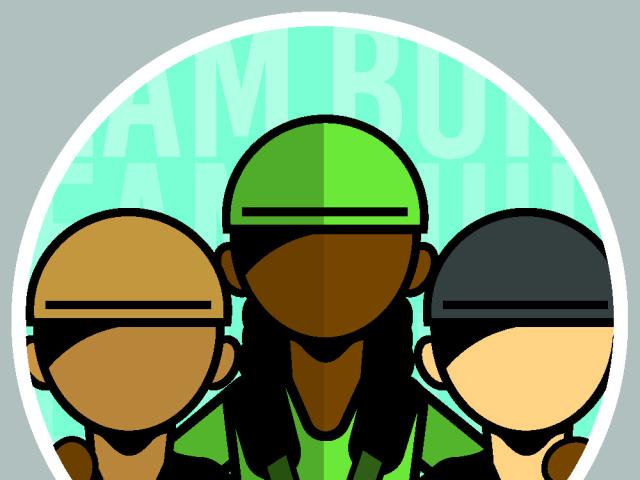 Three people with different skin tones, wearing helmets of different colors, and full-body harnesses on a light blue background