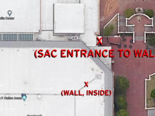 Aerial photo of the Student Activity Center showing the location of the climbing wall